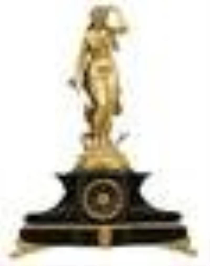 French Gilt Bronze & Marble Mantel Clock, Auguste