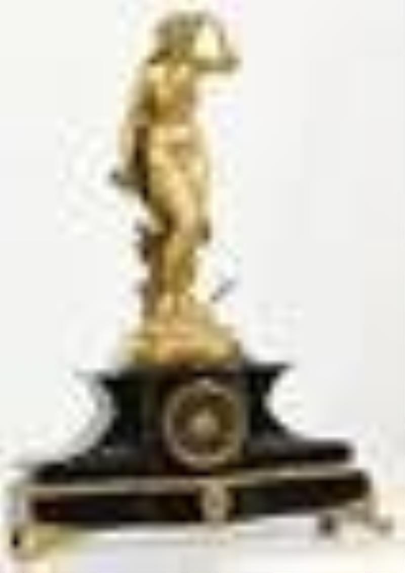 French Gilt Bronze & Marble Mantel Clock, Auguste