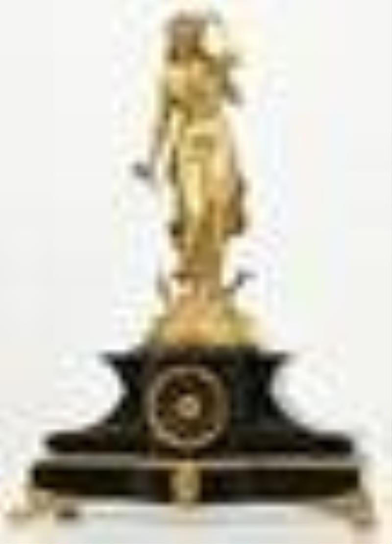 French Gilt Bronze & Marble Mantel Clock, Auguste