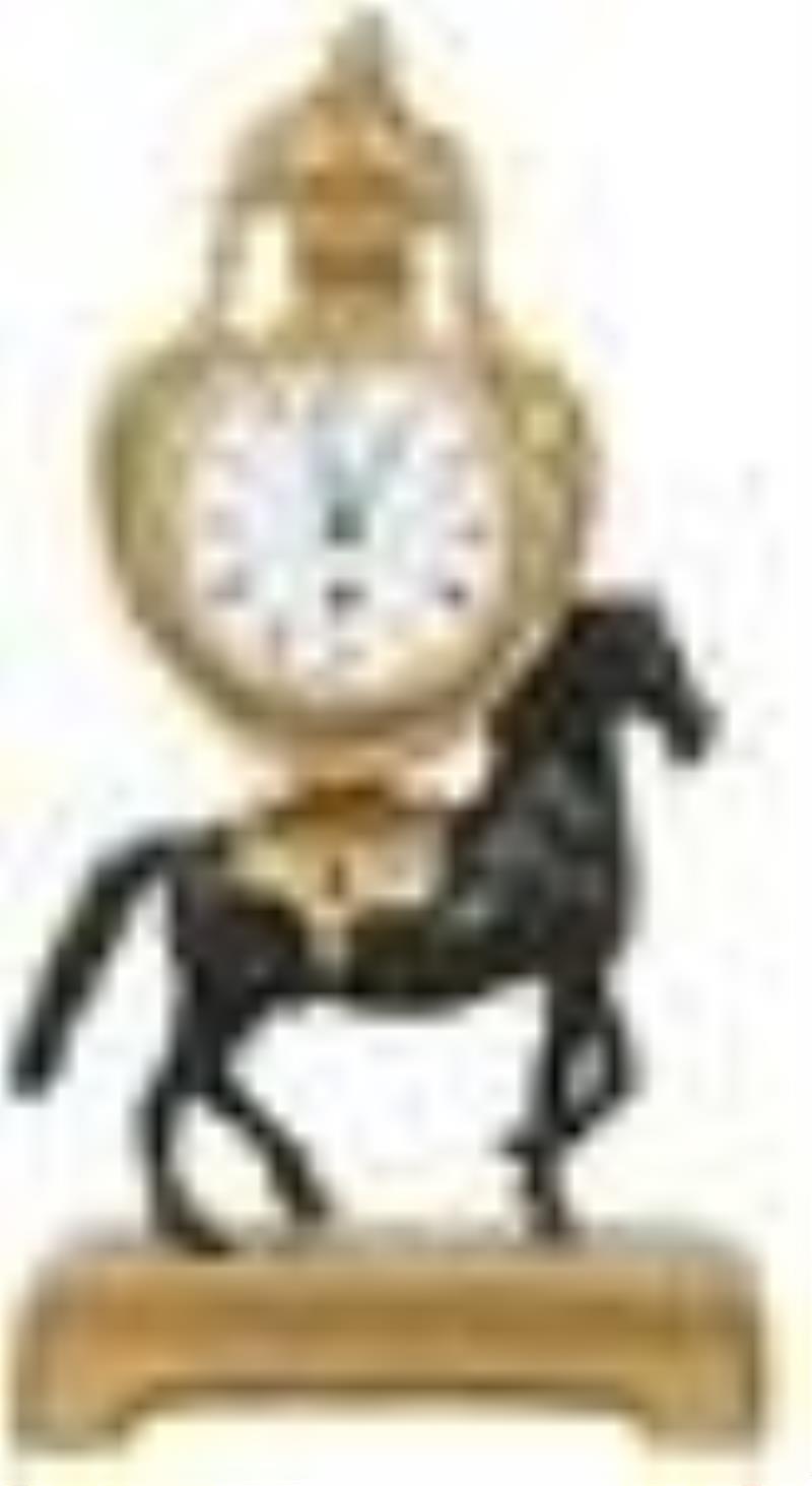 French Gilt & Patinated Bronze Desk Clock with Horse