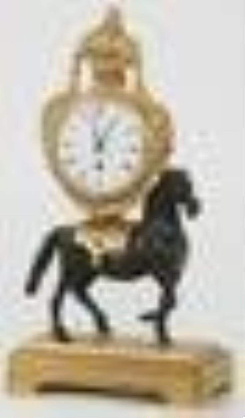 French Gilt & Patinated Bronze Desk Clock with Horse