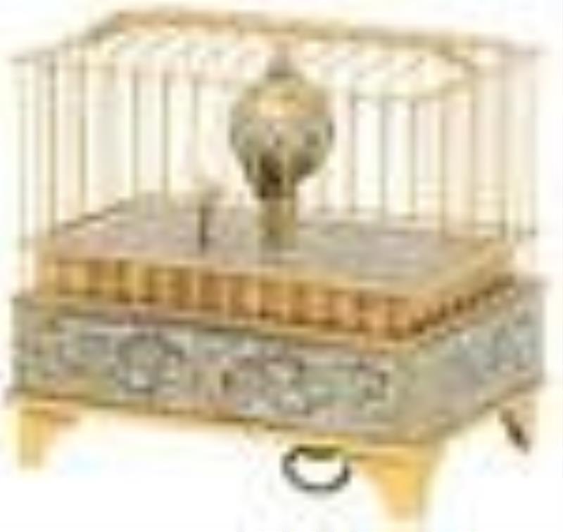 German Gilt Brass & Cloisonné Bird Cage Clock