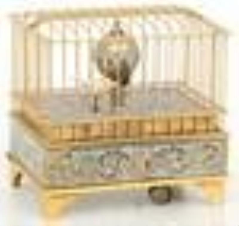 German Gilt Brass & Cloisonné Bird Cage Clock