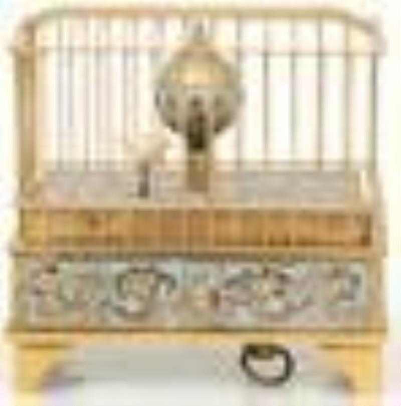 German Gilt Brass & Cloisonné Bird Cage Clock