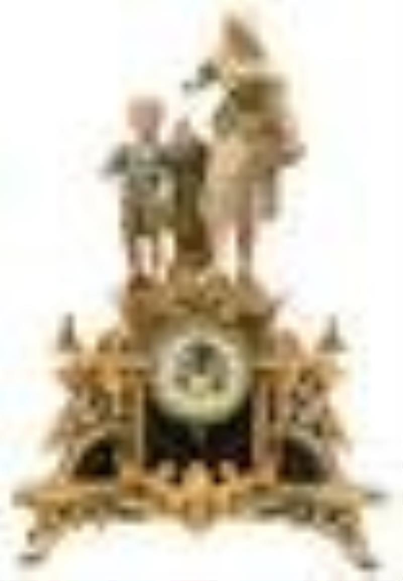 French Gilt & Polychromed Metal Figural Mantel Clock