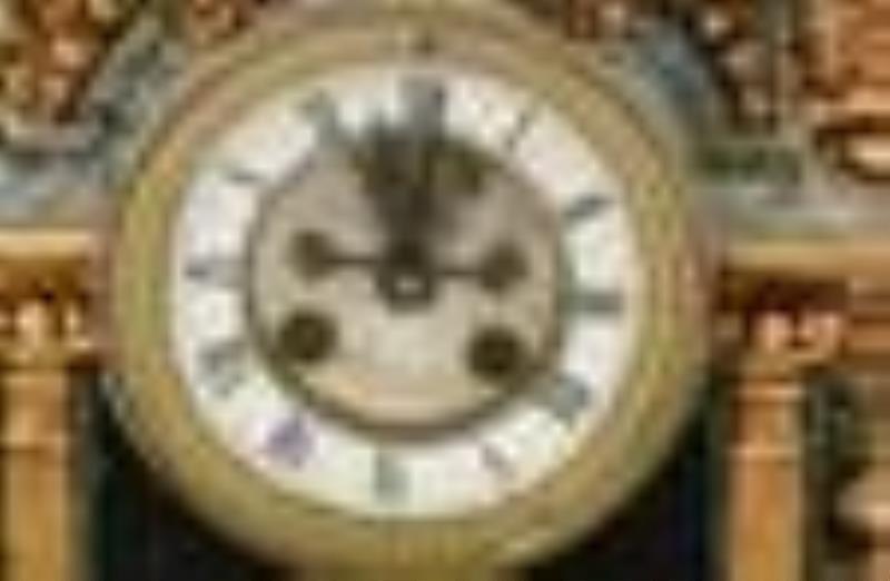 French Gilt & Polychromed Metal Figural Mantel Clock