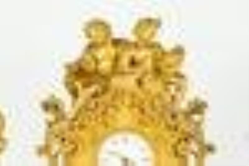 F Delaunoy, Paris Gilt Bronze Clock & Garnitures