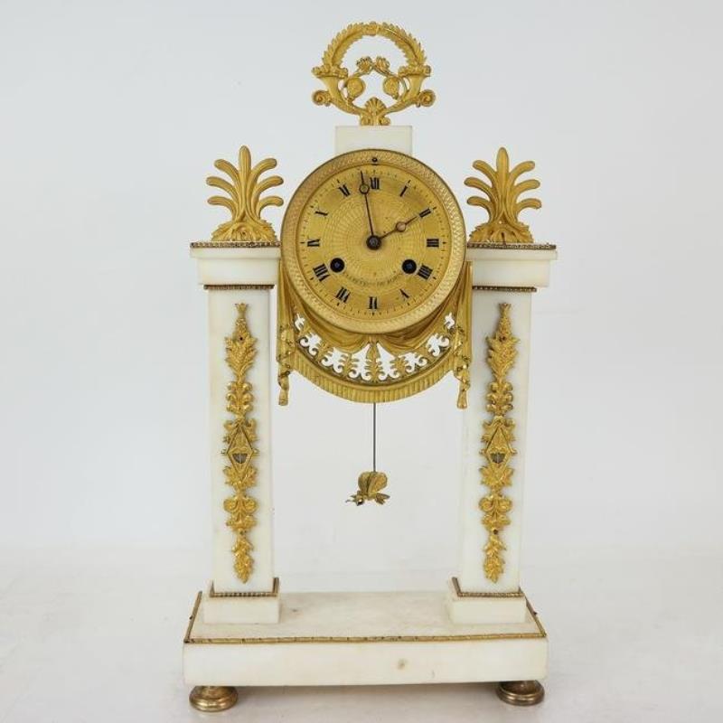 Empire Gilt Bronze & Marble Portico Clock