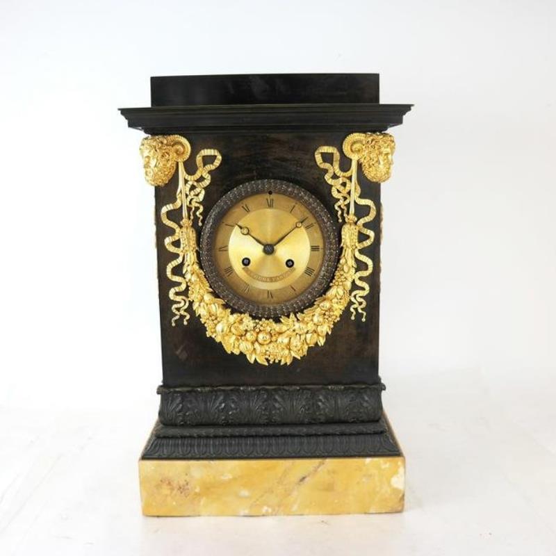 French Neoclassical Bronze & Marble Clock