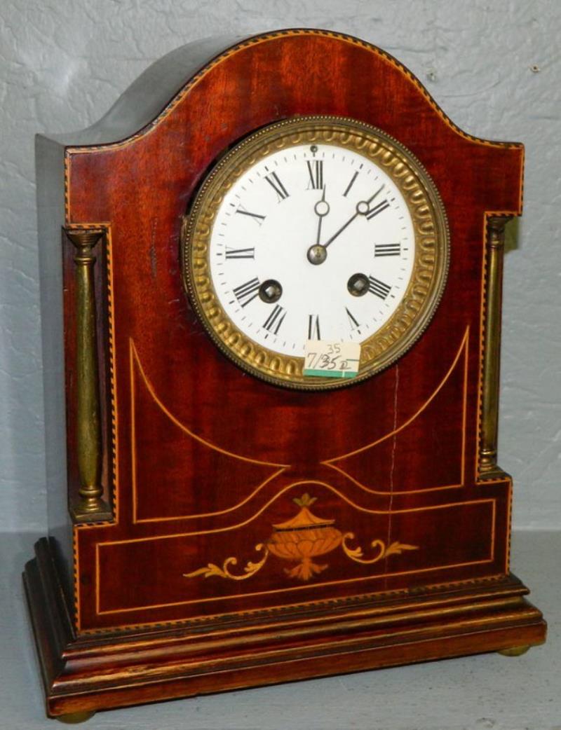 Mahog inlaid gothic, French, 8-day strike clock