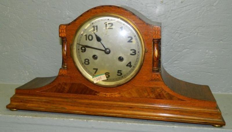 Continental oak inlaid 8 day clock w/columns.