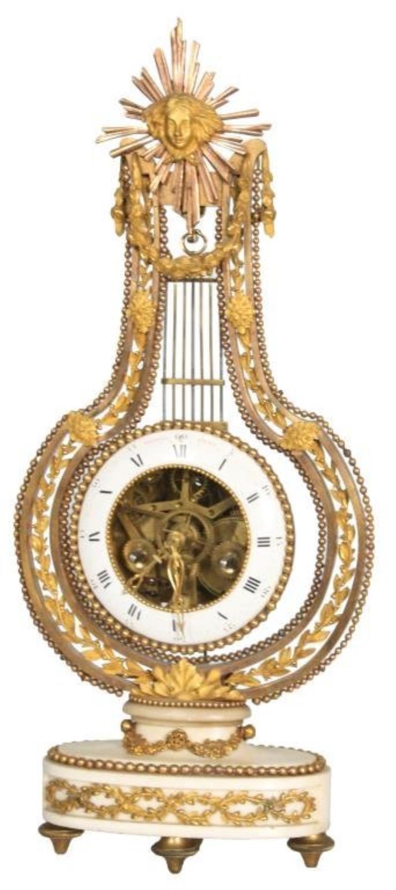 French Marble & Bronze Lyre Swing Clock