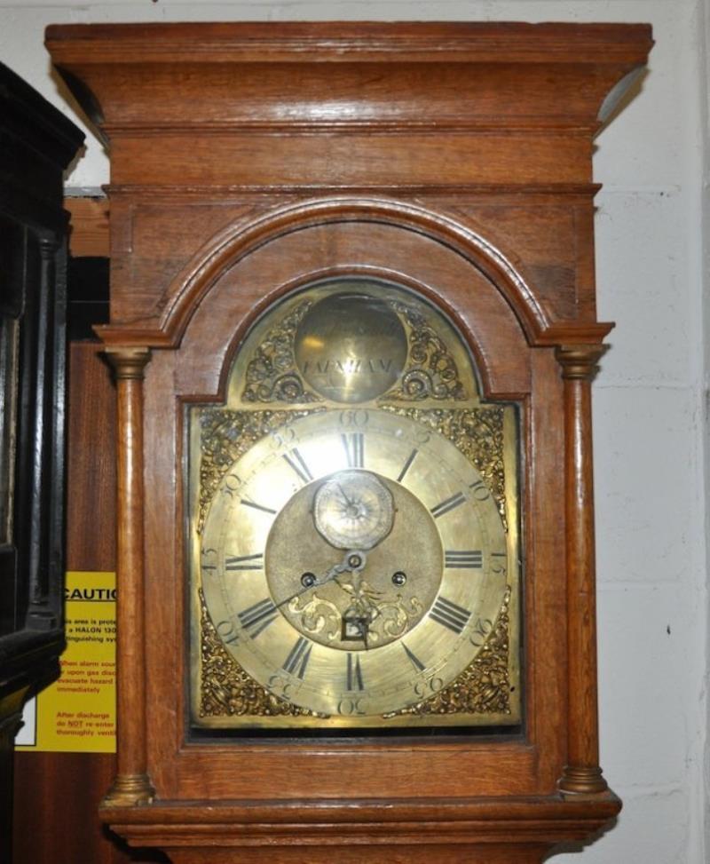 AN 18TH CENTURY OAK LONGCASE CLOCK, with brass dial and