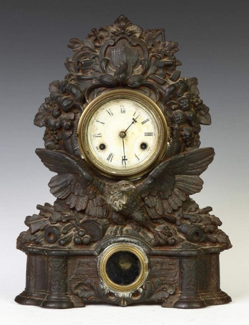 Cast Iron Industry & Patriotic Motif Shelf Clock