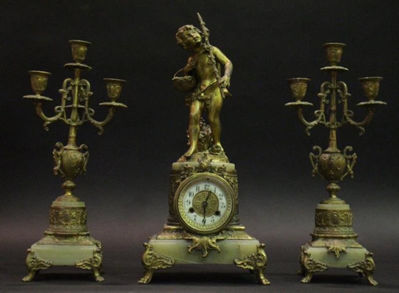 3 PC BRONZE ONYX GARNITURE CLOCK SET 1880