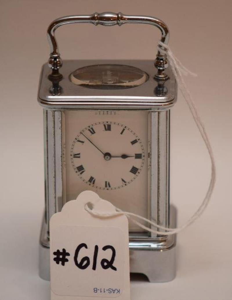 Petite French Carriage Clock with silver finish.