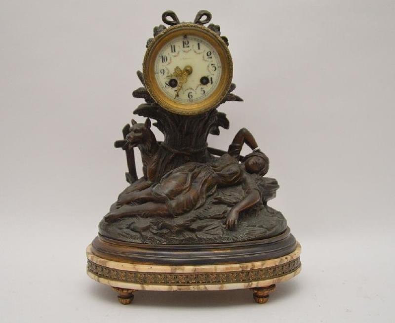 19th Century Patinated Metal Figural Clock with time