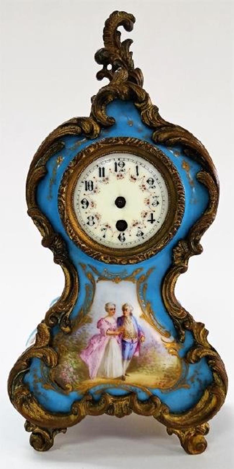 ANTIQUE FRENCH GILT METAL & PORCELAIN SHELF CLOCK