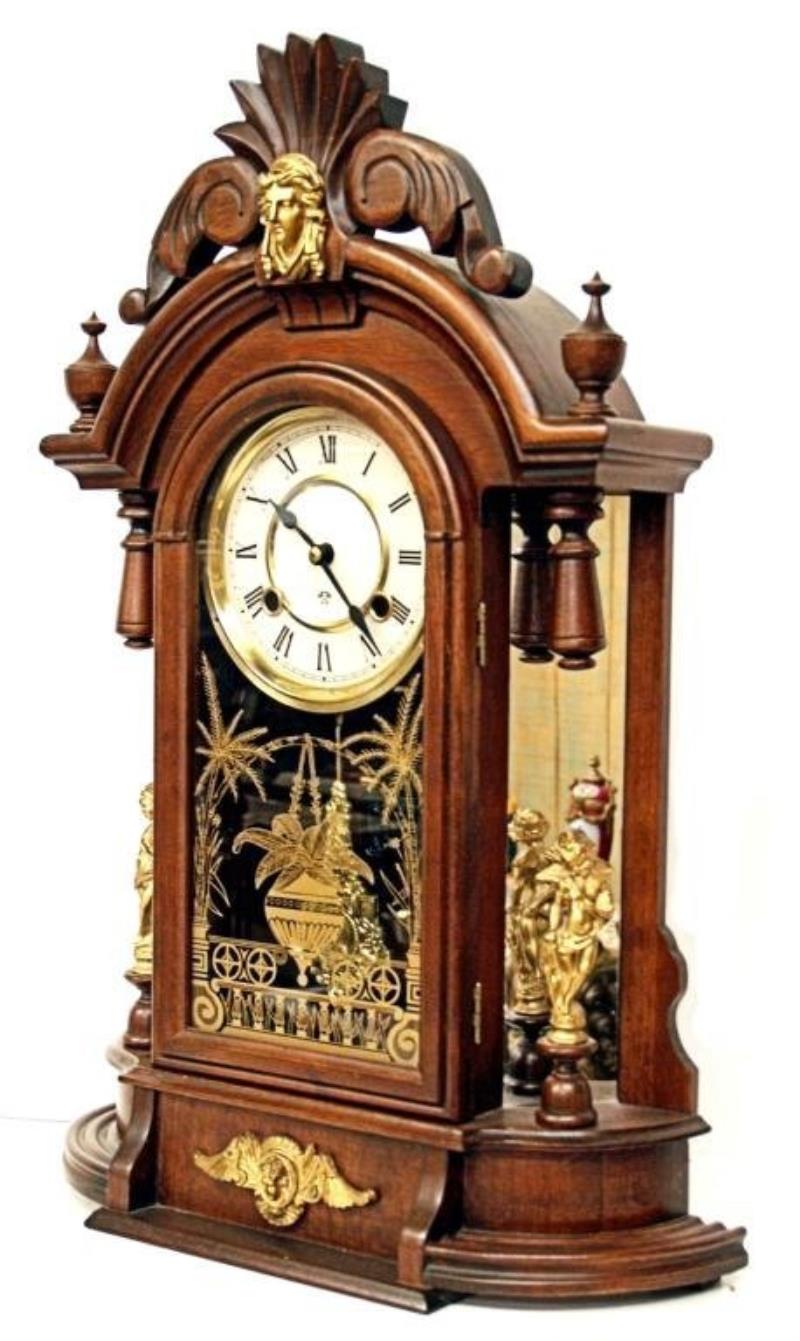 FIGURAL WALNUT SHELF CLOCK ANSONIA TRIUMPH STYLE