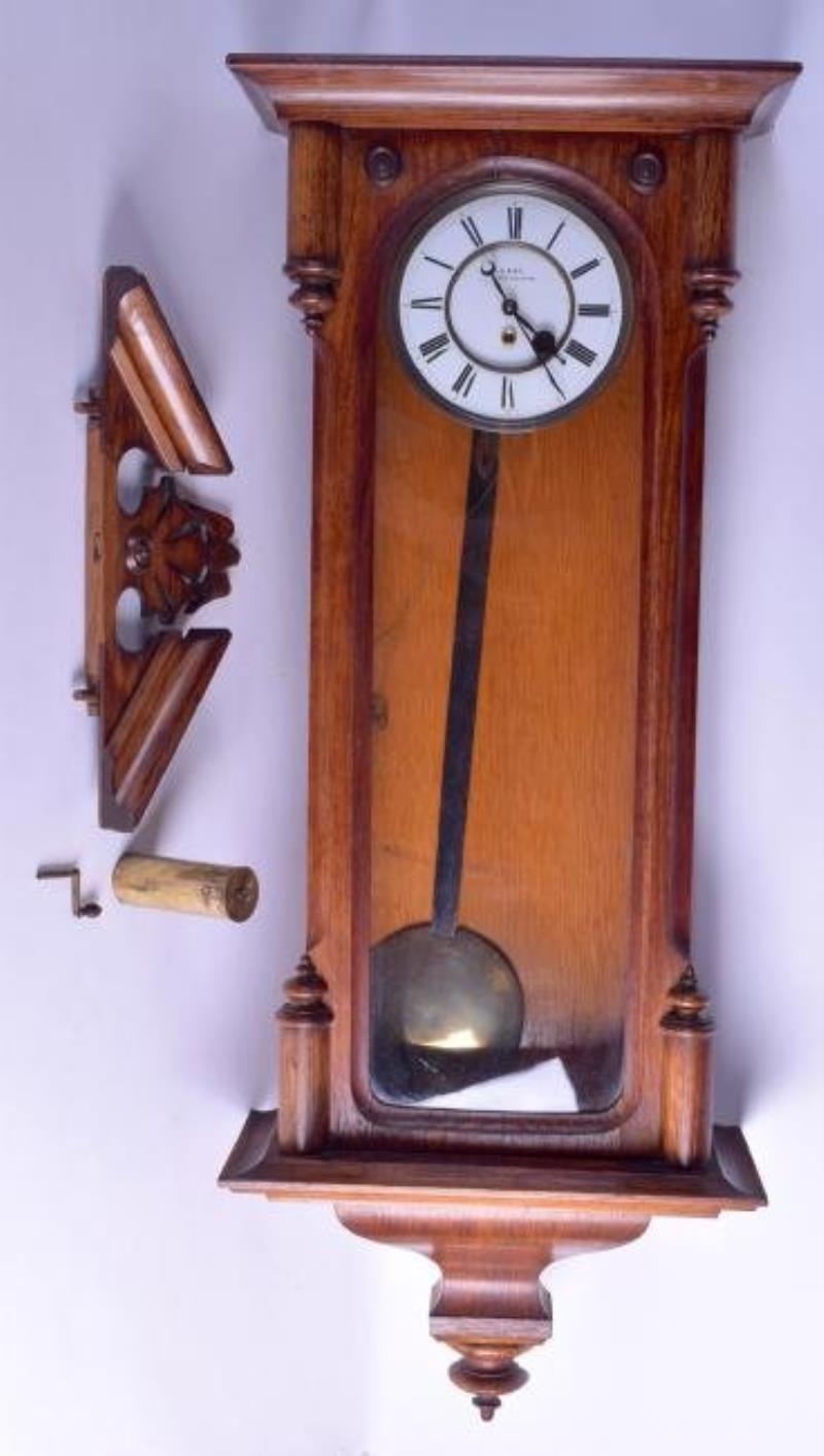 A LARGE ANTIQUE WALNUT REGULATOR HANGING WALL CLOCK