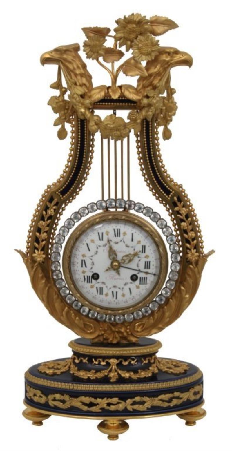 Cobalt Porcelain & Bronze Lyre Calendar Clock