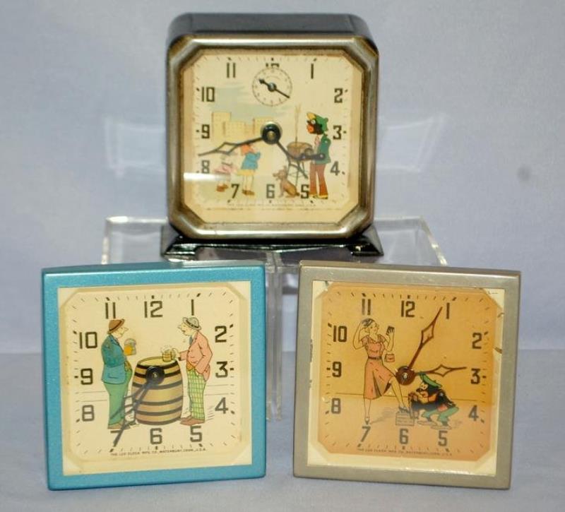 3 Antique Lux MFG Alarm Clocks. Animated. 1.) Lady with