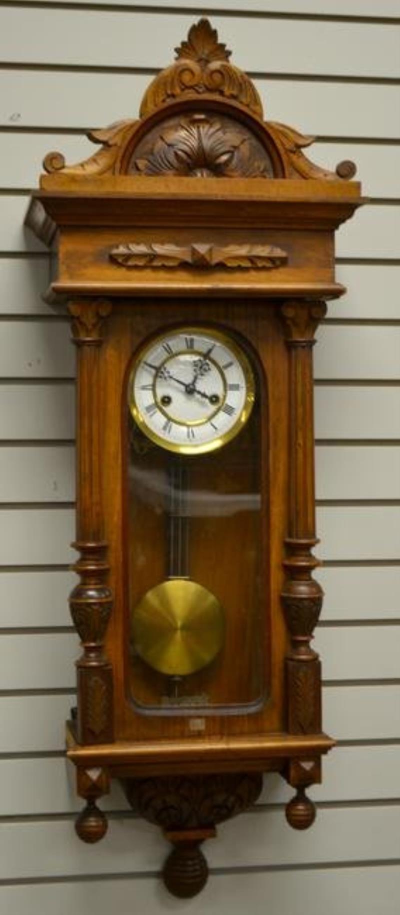 German Walnut Carved Wall Clock. T&S, 6″ unsigned