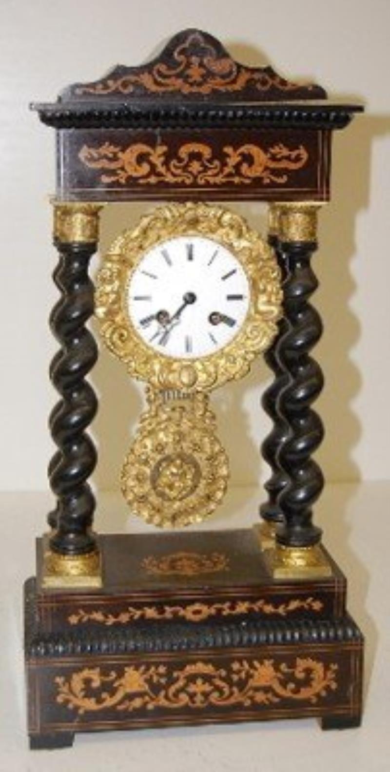 French Empire Inlaid Wood Portico Clock