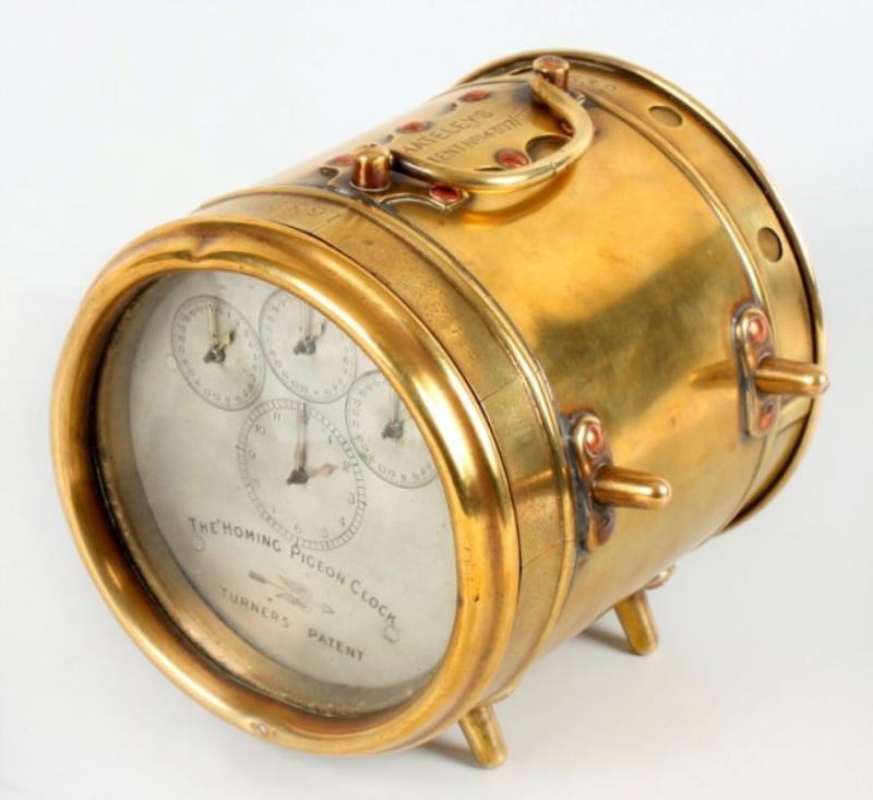 A Turner’s Patent brass-cased Homing Pigeon clock