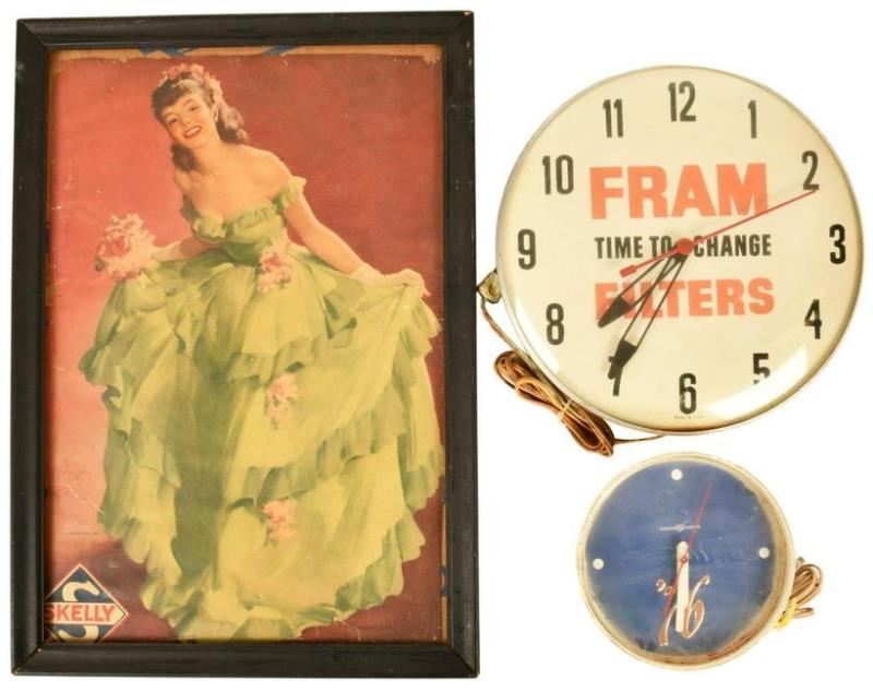 Group Of Fram Thermometer, Skelly Poster & 76 Clock