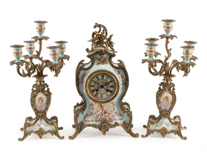 Louis XV-Style Porcelain and Bronze Clock