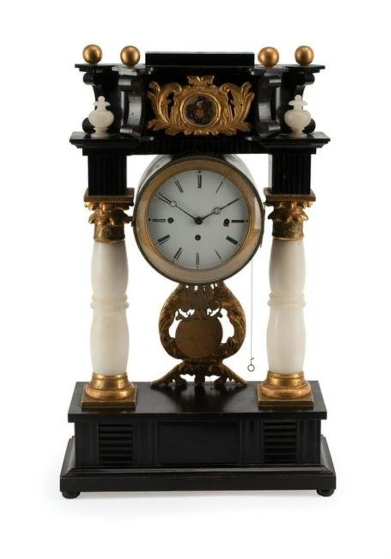 Onyx, Ebonized and Giltwood Portico Clock