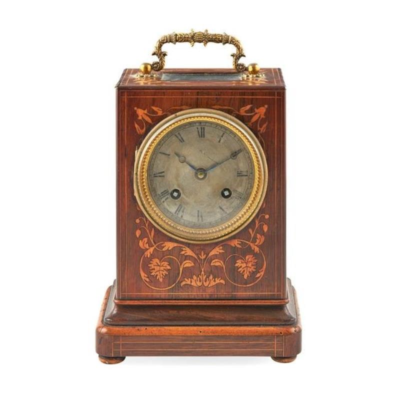 Y FRENCH ROSEWOOD AND FLORAL MARQUETRY BRACKET CLOCK,