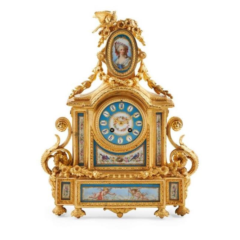FRENCH GILT BRONZE AND PORCELAIN MOUNTED MANTEL CLOCK,
