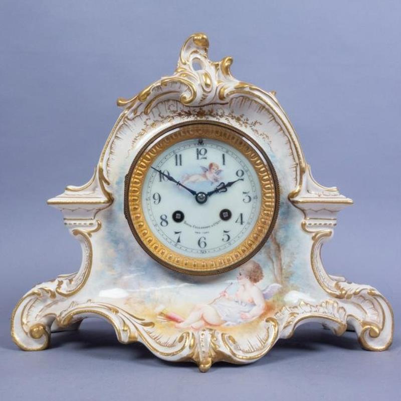 Royal Bonn French Mvt Cupid Hand Painted Mantel Clock