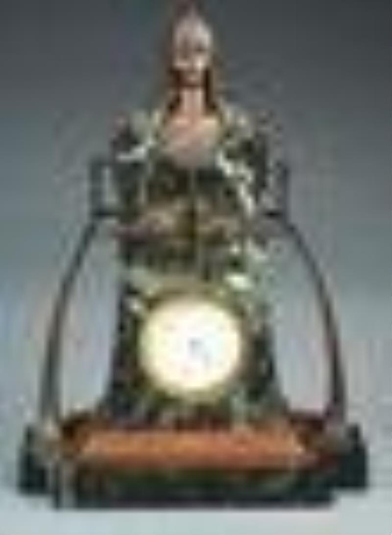 ART NOUVEAU MARBLE AND BRONZE MANTLE CLOCK.