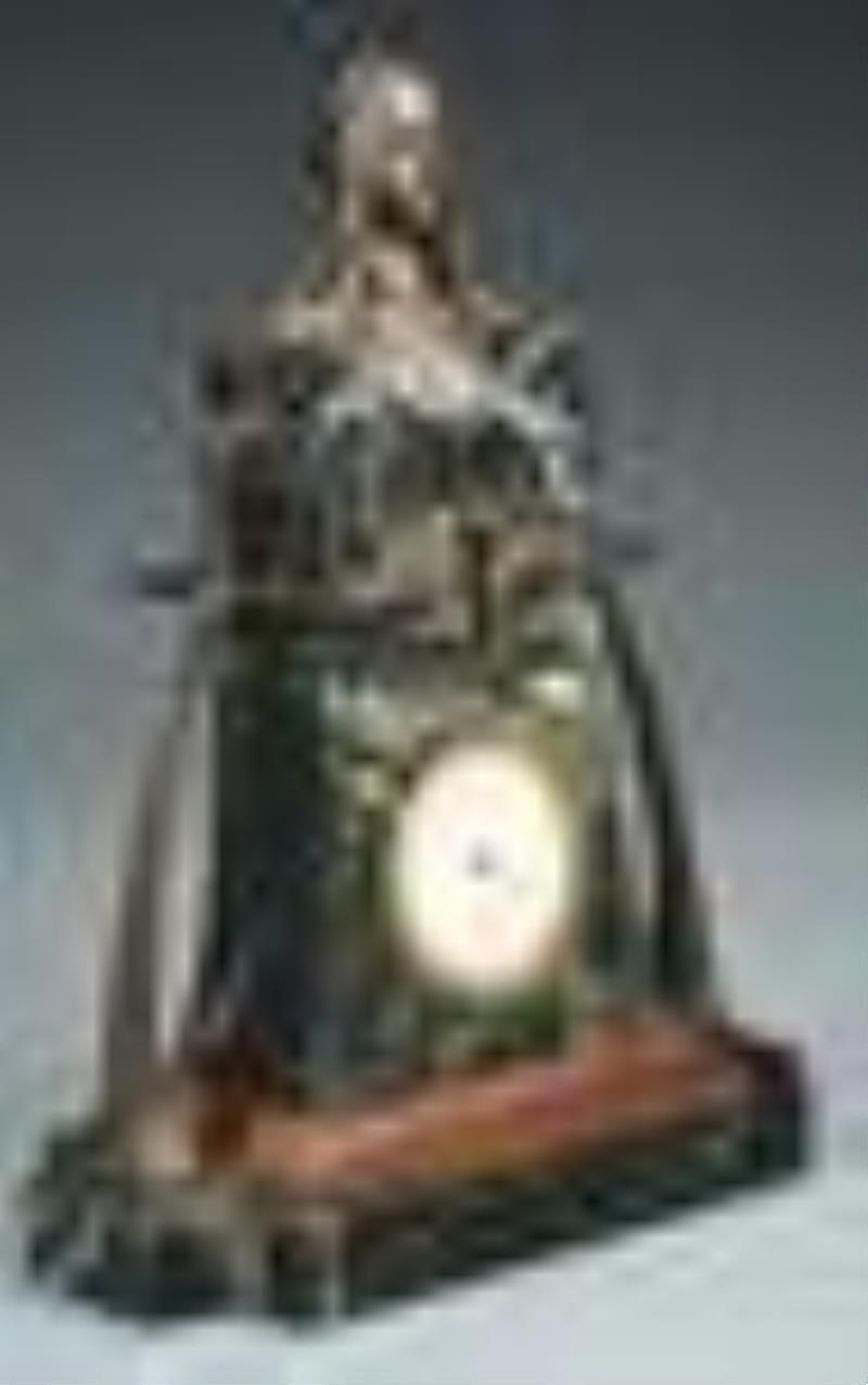 ART NOUVEAU MARBLE AND BRONZE MANTLE CLOCK.