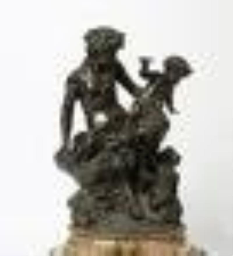 A French bronze & marble clock, after Clodion