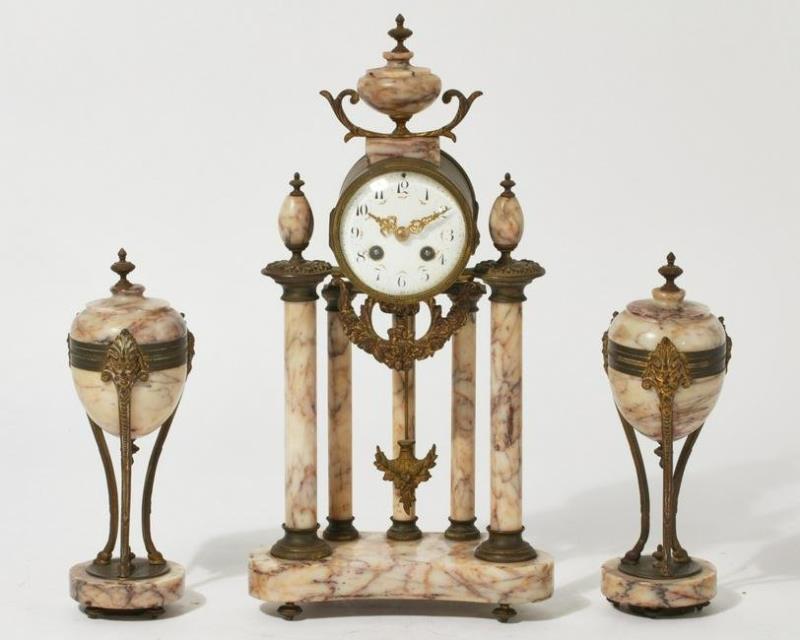 A Louis XVI style marble clock garniture