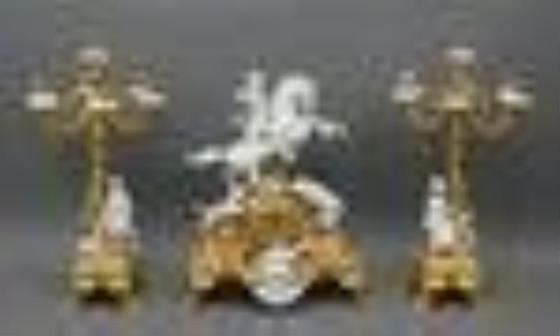 Bronze & Bisque Porcelain 3 Pieces Clock Garniture