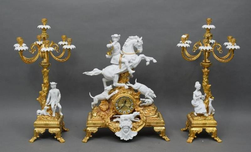 Bronze & Bisque Porcelain 3 Pieces Clock Garniture