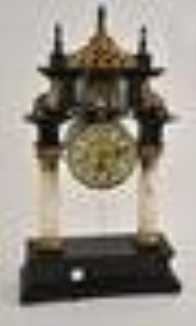 Unusual Shelf Clock, Carved Gilded with Columns & Brass