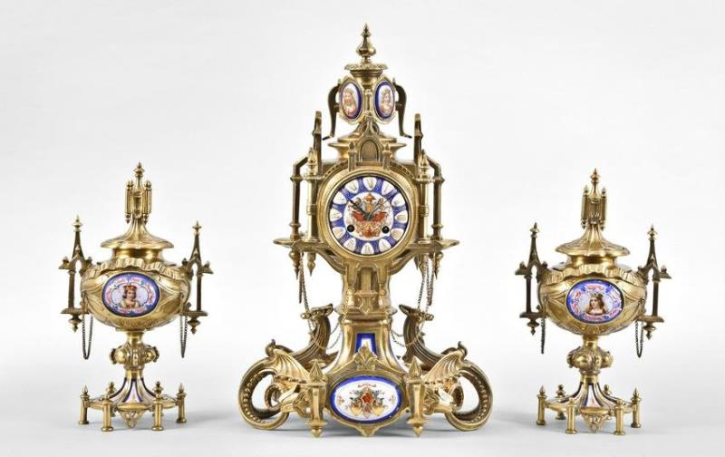 French, Japy Freres three piece clock garniture