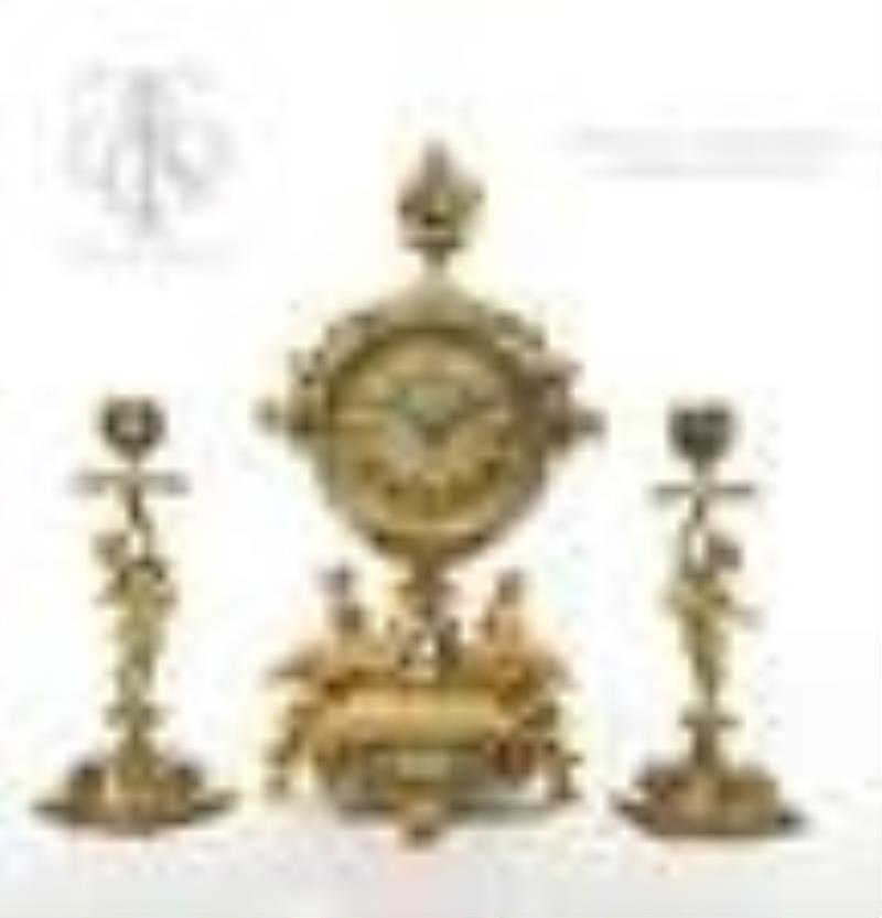 Tiffany & Co. Gilt Bronze & Champleve Enamel Clock Set