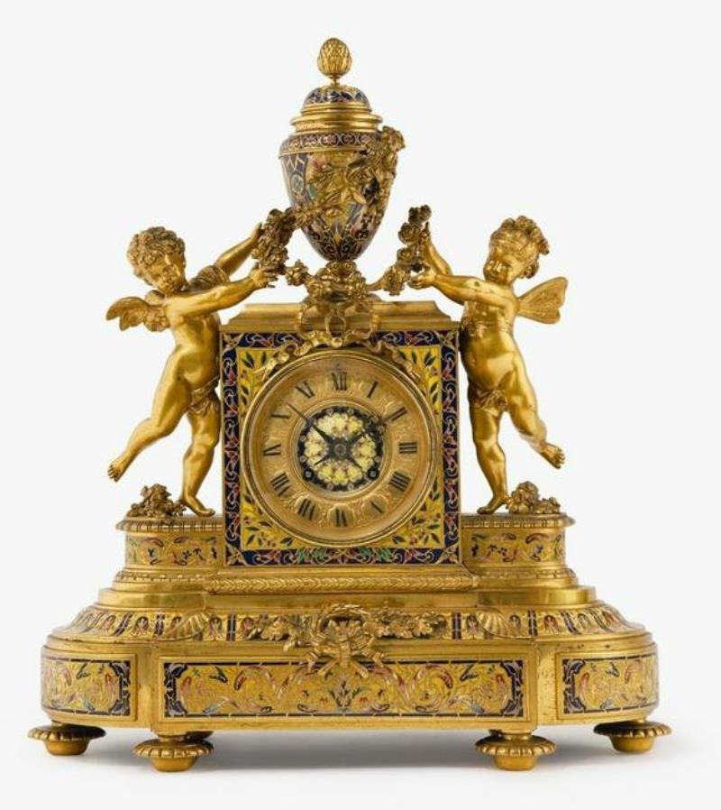 Louis XVI Style Gilt Bronze Champleve & Cloisonne Clock