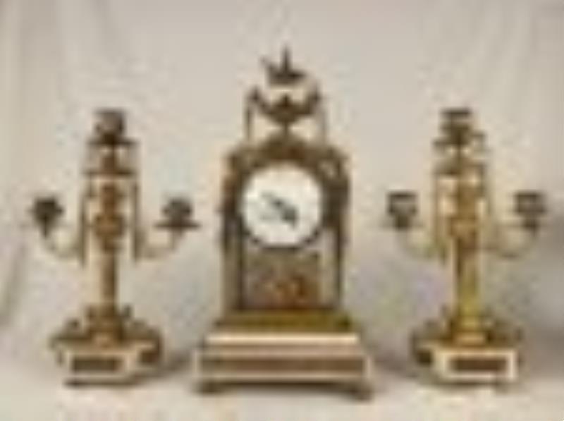 Louis XIV Style Ormolu and Marble Clock Set