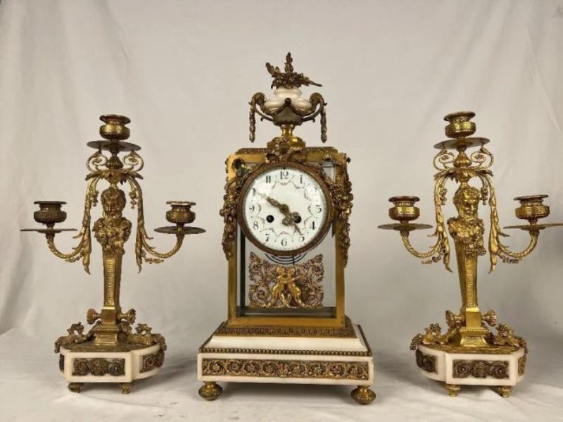 Louis XIV Style Ormolu and Marble Clock Set