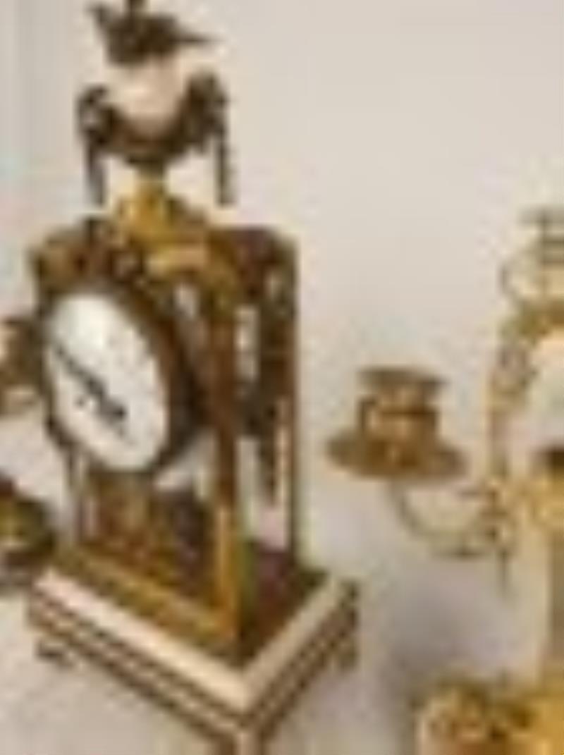 Louis XIV Style Ormolu and Marble Clock Set