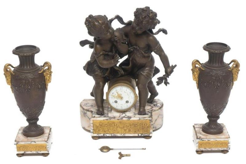 Antique Neo Classical Bronze Marble Clock Garniture Set