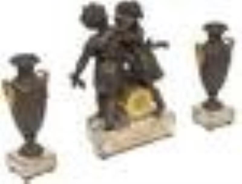 Antique Neo Classical Bronze Marble Clock Garniture Set